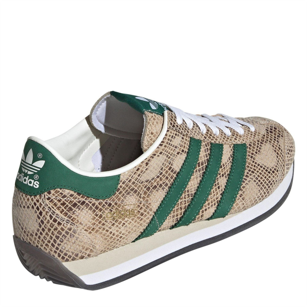 adidas Originals low-top sneakers, side view with green heel collar and white laces