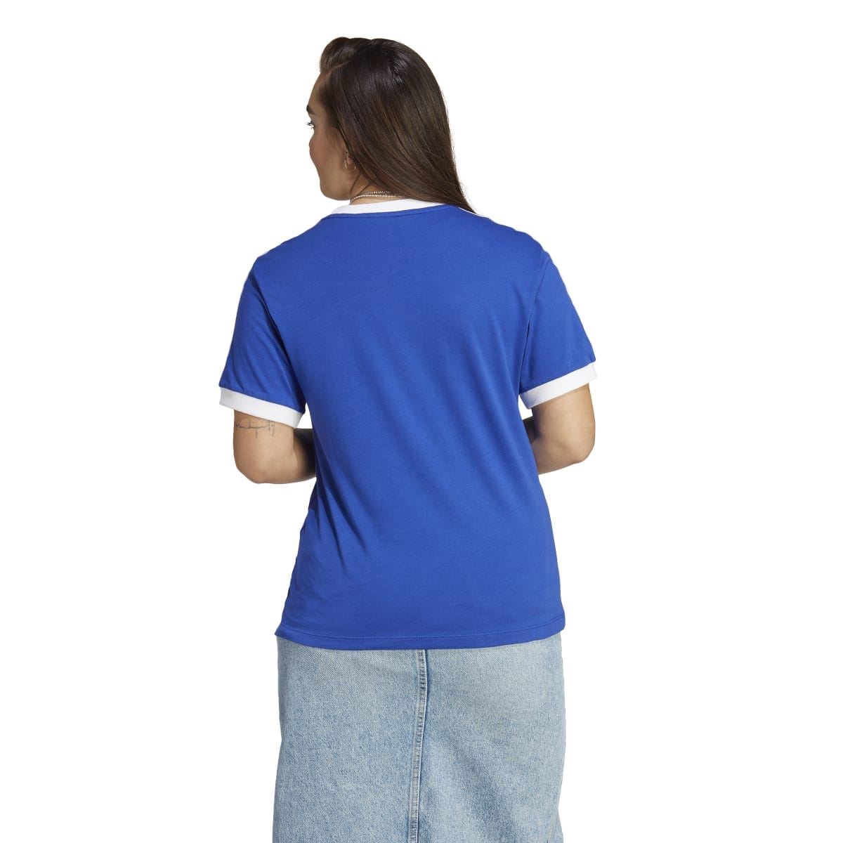 Back view of blue adidas t-shirt with white ribbed collar hem and sleeve trim