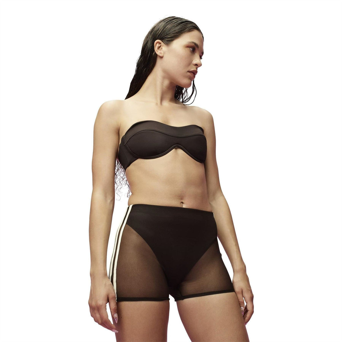 Brown strapless illusion swim top with structured bust band and sheer mesh overlay