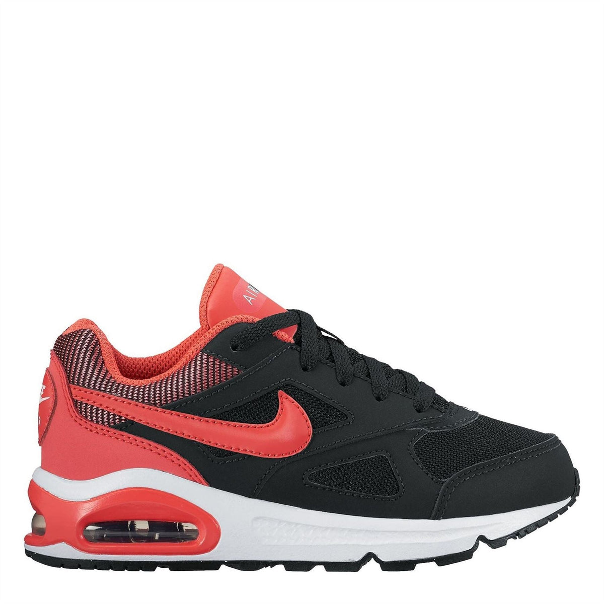 Black and red trainers with red Swoosh, lace-up upper, and air-cushion window