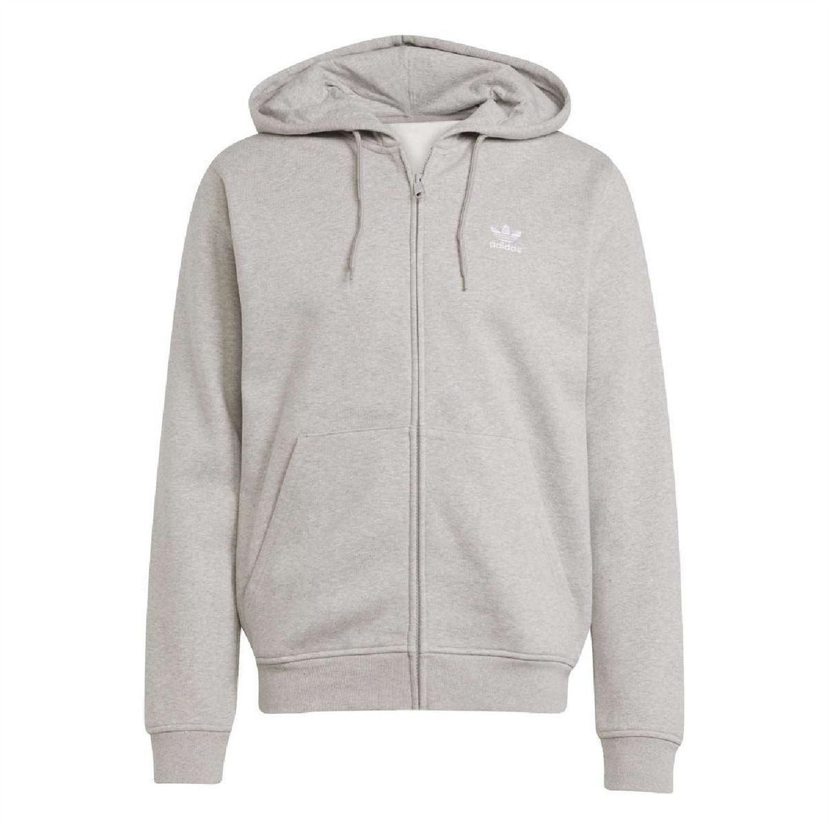 adidas Originals trefoil zip-up hoodie in light grey, front pockets and drawstring hood