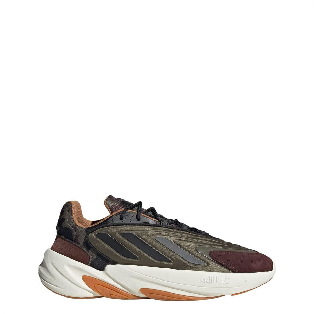 Low-top lace-up trainer in olive green with burgundy panels and white sole