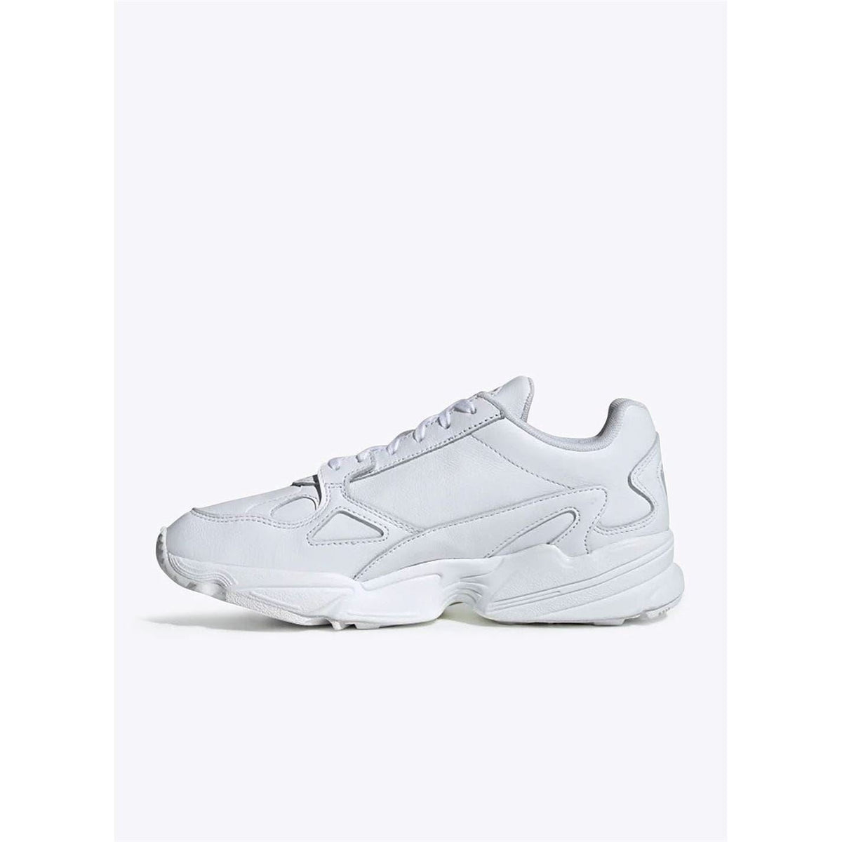 White adidas Originals Falcon W low-top sneaker, side view with cushioned sole