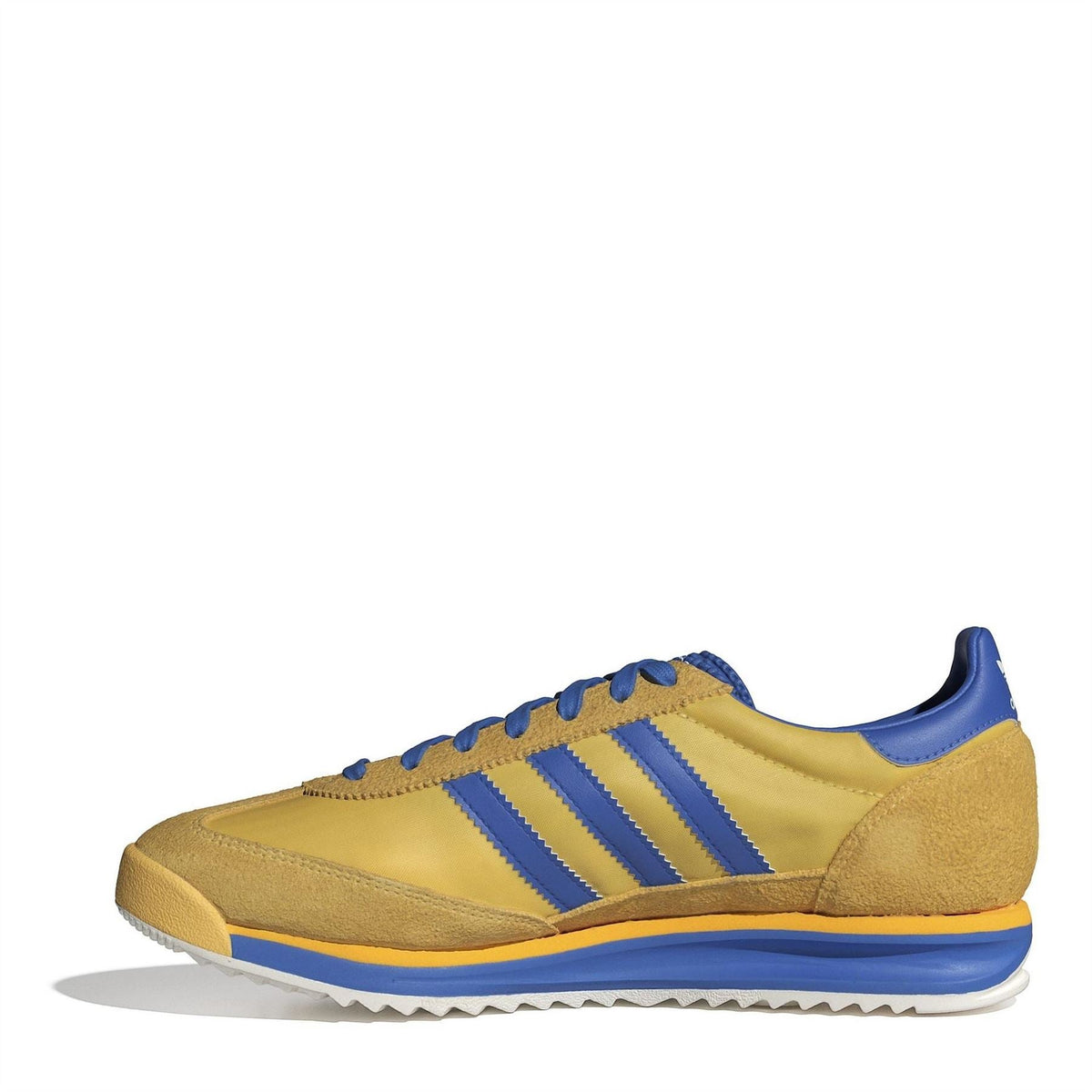 adidas Originals low top sneakers, gold upper with blue stripes, side view lace-up