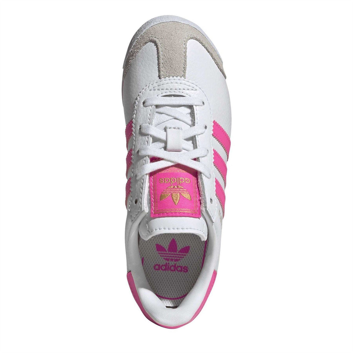 Kids' low-top sneakers, white with pink heel accents and lace-up front