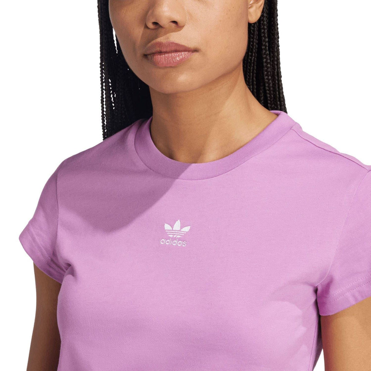 Purple adidas Originals crew-neck T-shirt close-up with centered trefoil logo