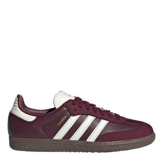 adidas Samba OG low-top shoes in burgundy with white triple stripes and gum sole