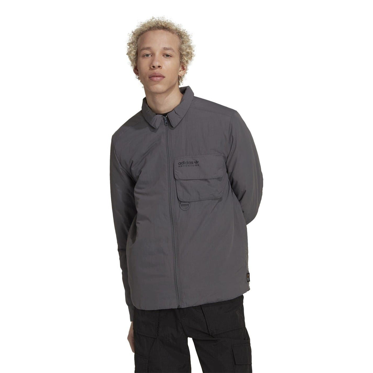 Grey adidas Originals zip-up long-sleeve shirt-jacket with stand collar and chest pocket