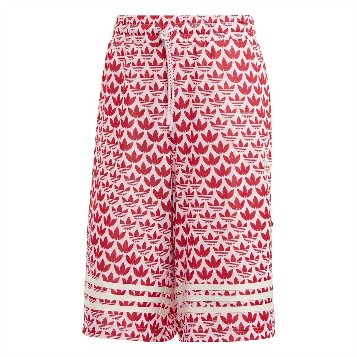 Red and white leaf-pattern drawstring shorts with elastic waistband and striped hem