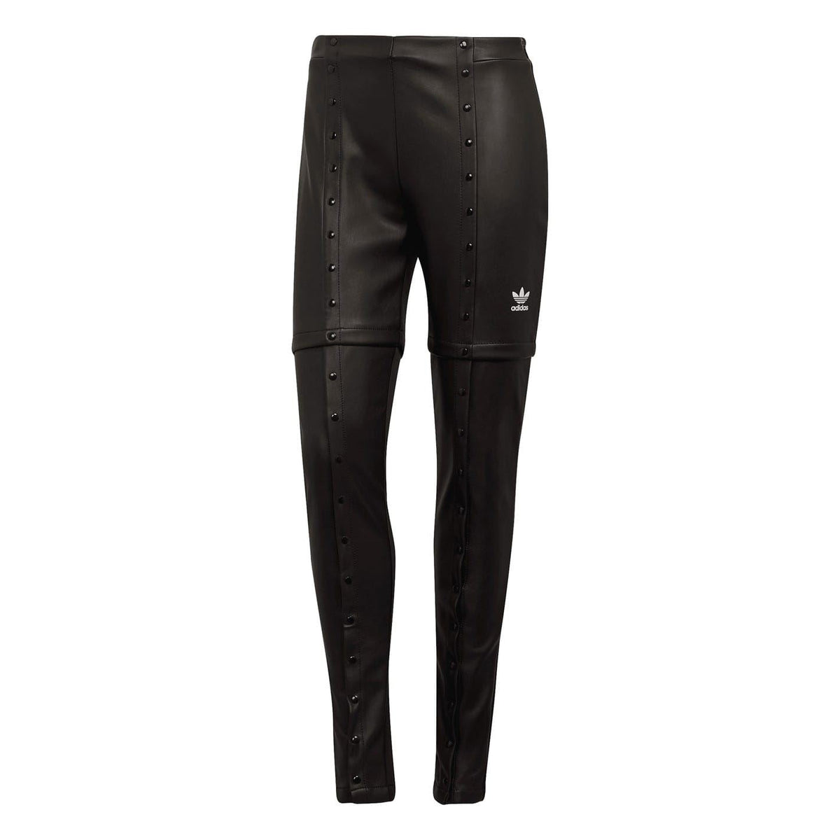 Black faux leather skinny trousers with buttoned side seams and ankle-length fit