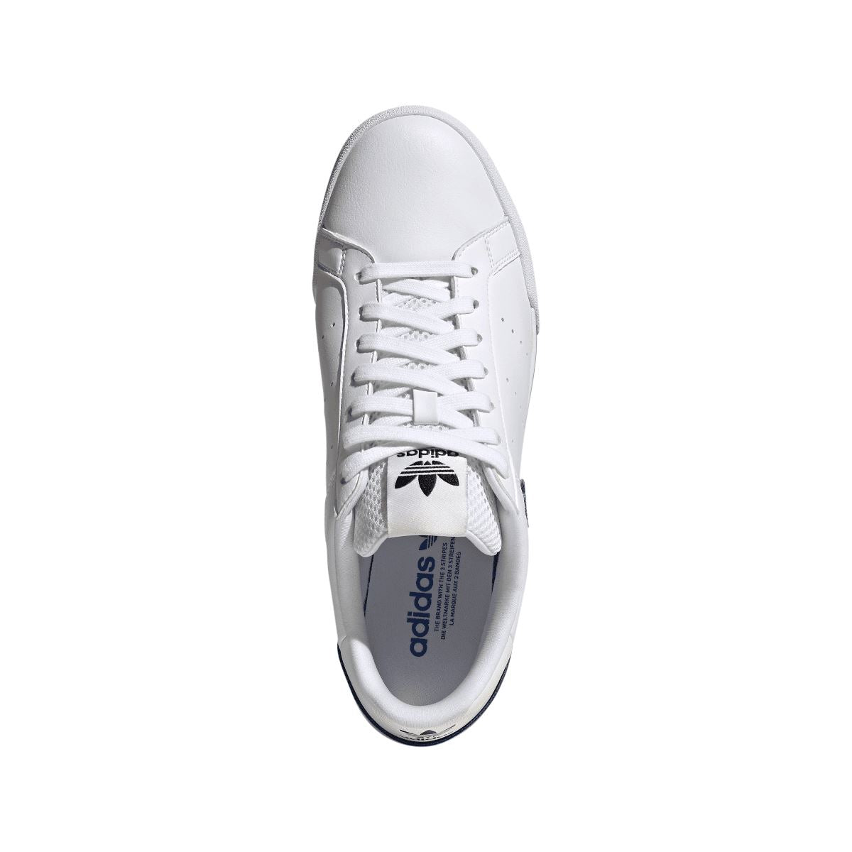 White adidas trainers viewed from above, with white laces and cushioned padded collar