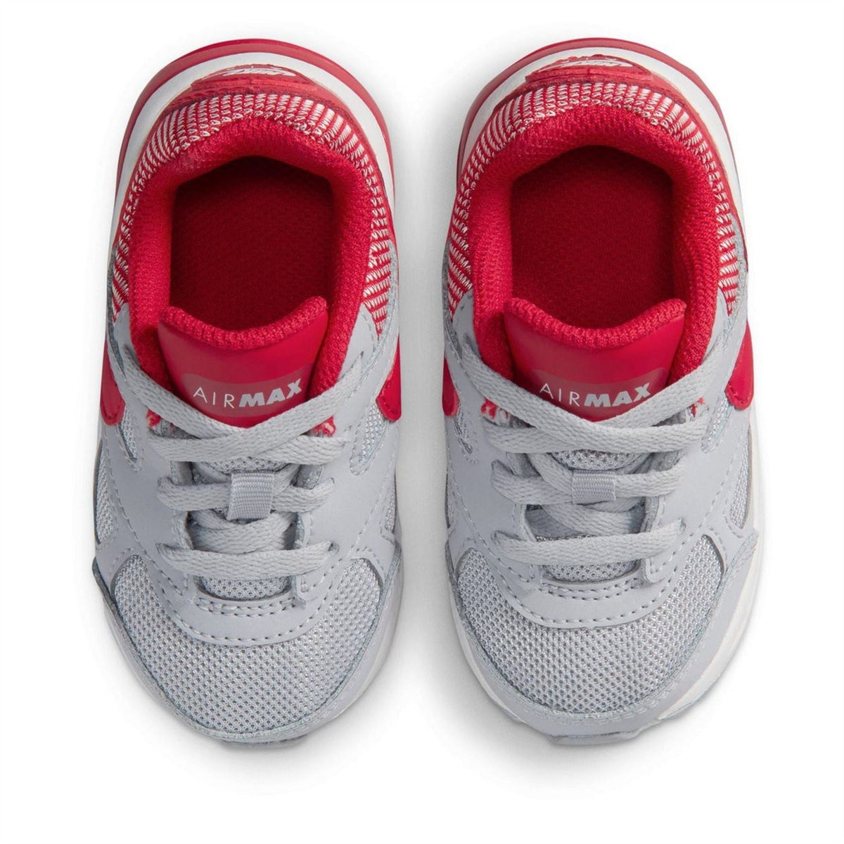 Grey infant shoes with red collar, white laces, and Air Max logo detail