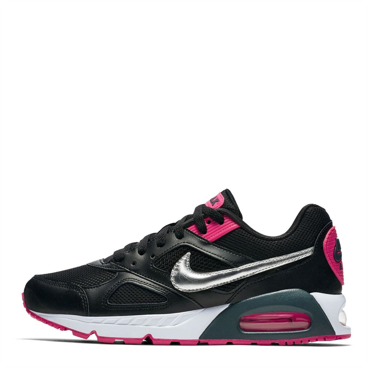 Women's black Air Max sneaker side view with pink trim, silver swoosh, air window