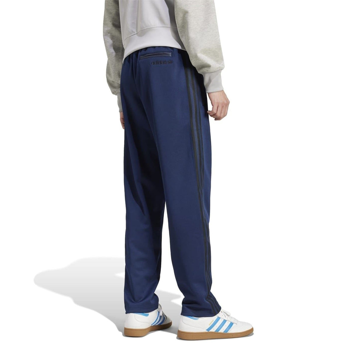 Navy blue straight joggers with side stripe accents and cuffed leg openings