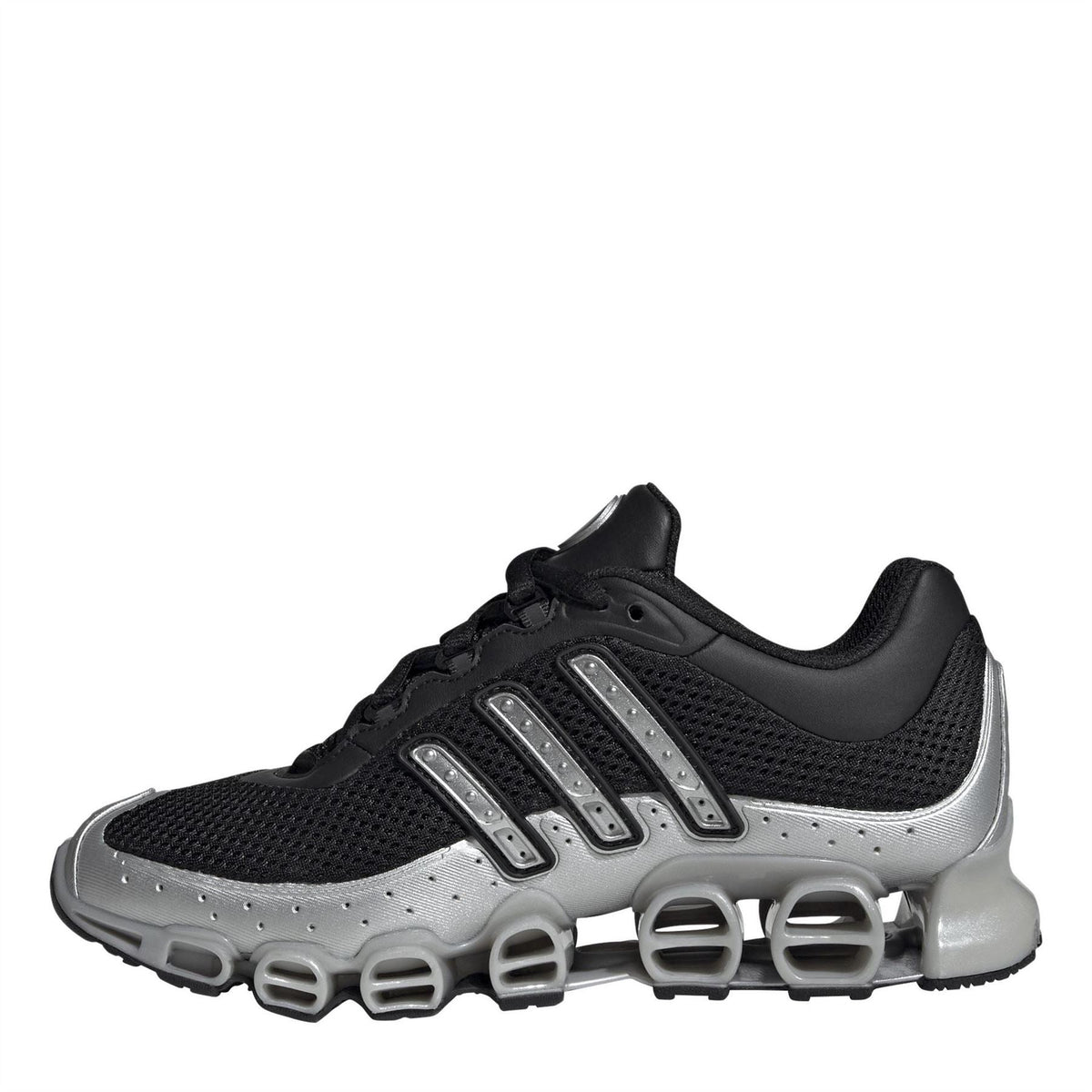 Black and silver lace-up sneaker with perforated mesh panels and sculpted midsole
