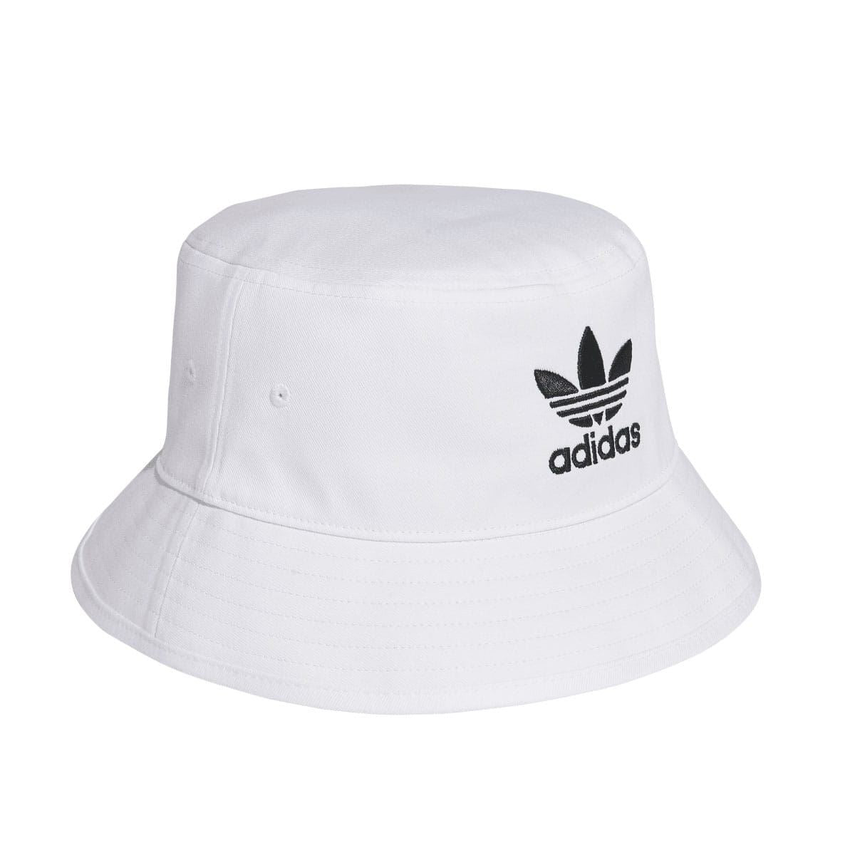 White adidas bucket hat with black trefoil logo on the side