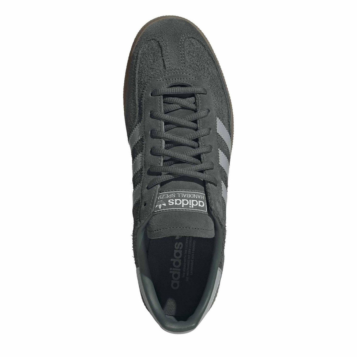 adidas Handball Spezial trainers front view, dark grey suede with lace-up and “Spezial” logo