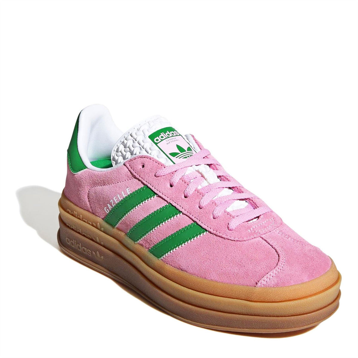 Pink suede adidas Gazelle Bold sneaker with green stripes and white collar