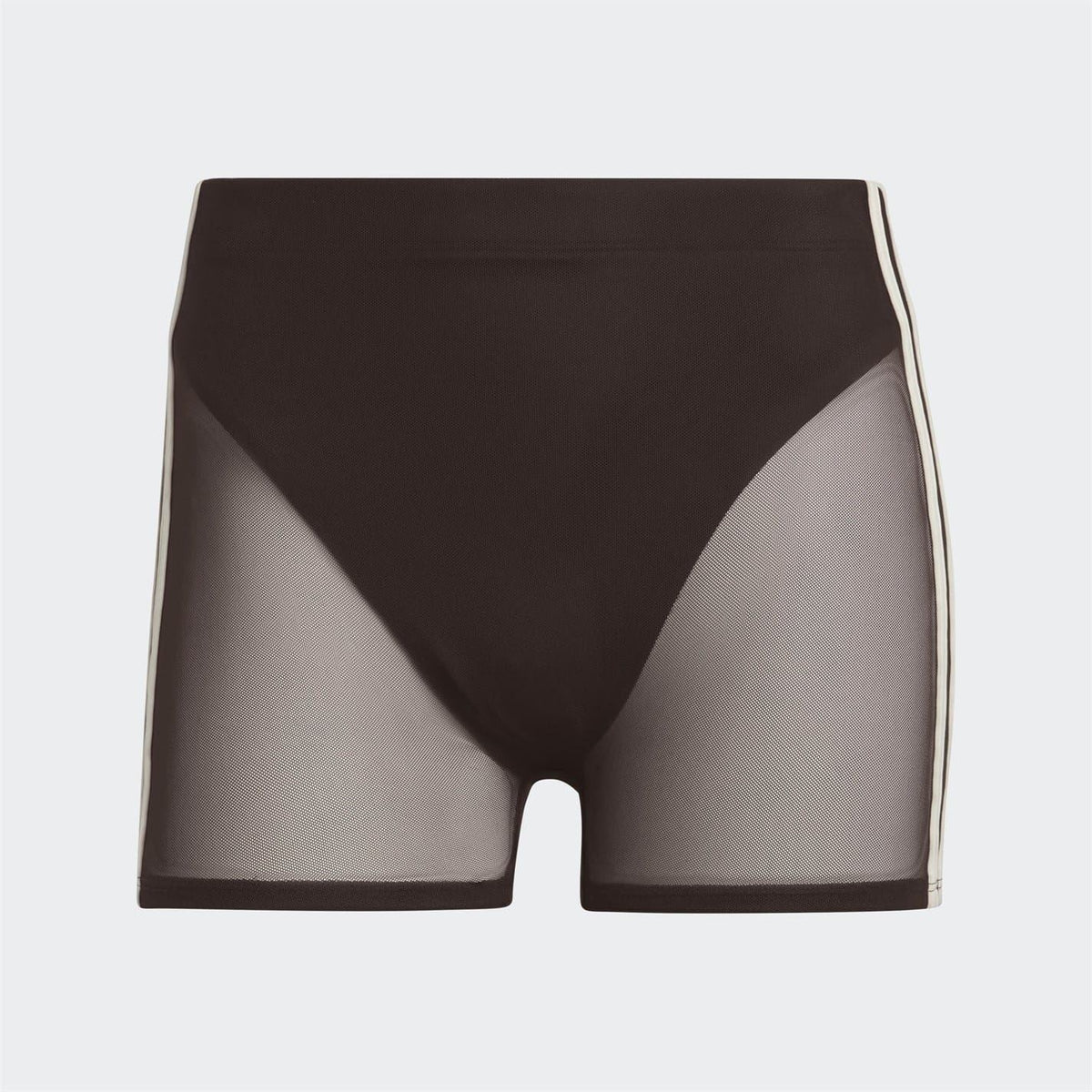 Brown mesh regular-fit swim shorts with contrast side stripe, front view