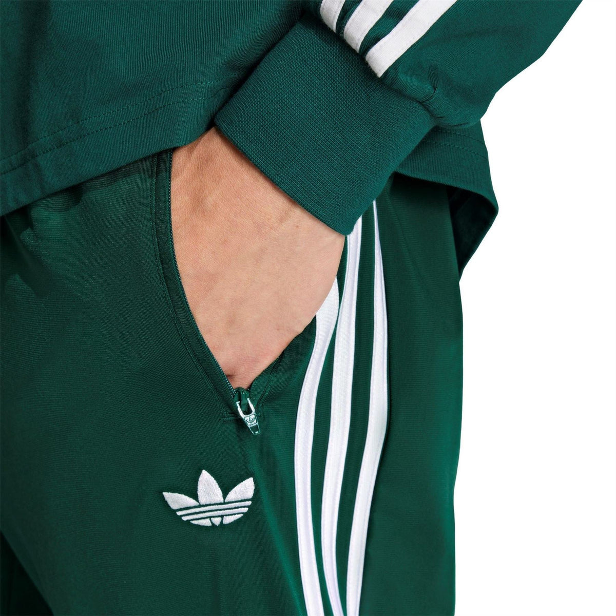Men's dark green track joggers with zipper pocket and white logo on thigh