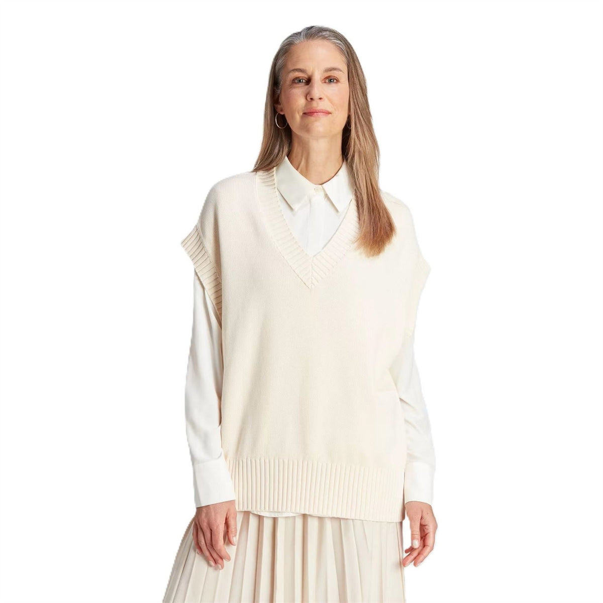 adidas Originals knit vest in white, V-neck sleeveless with ribbed hem