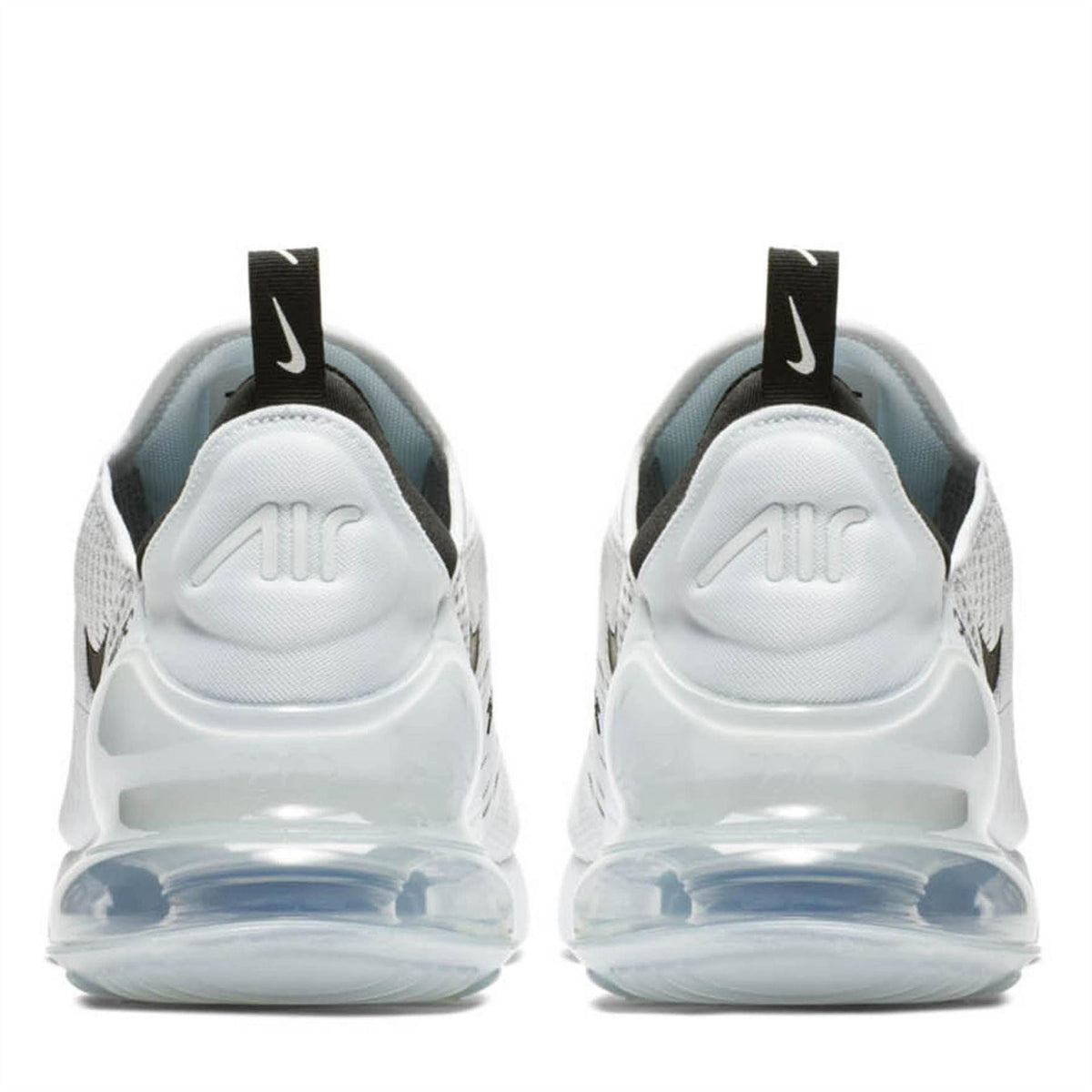 Air Max 270 trainers heel view in white with black pull tabs and light blue sole