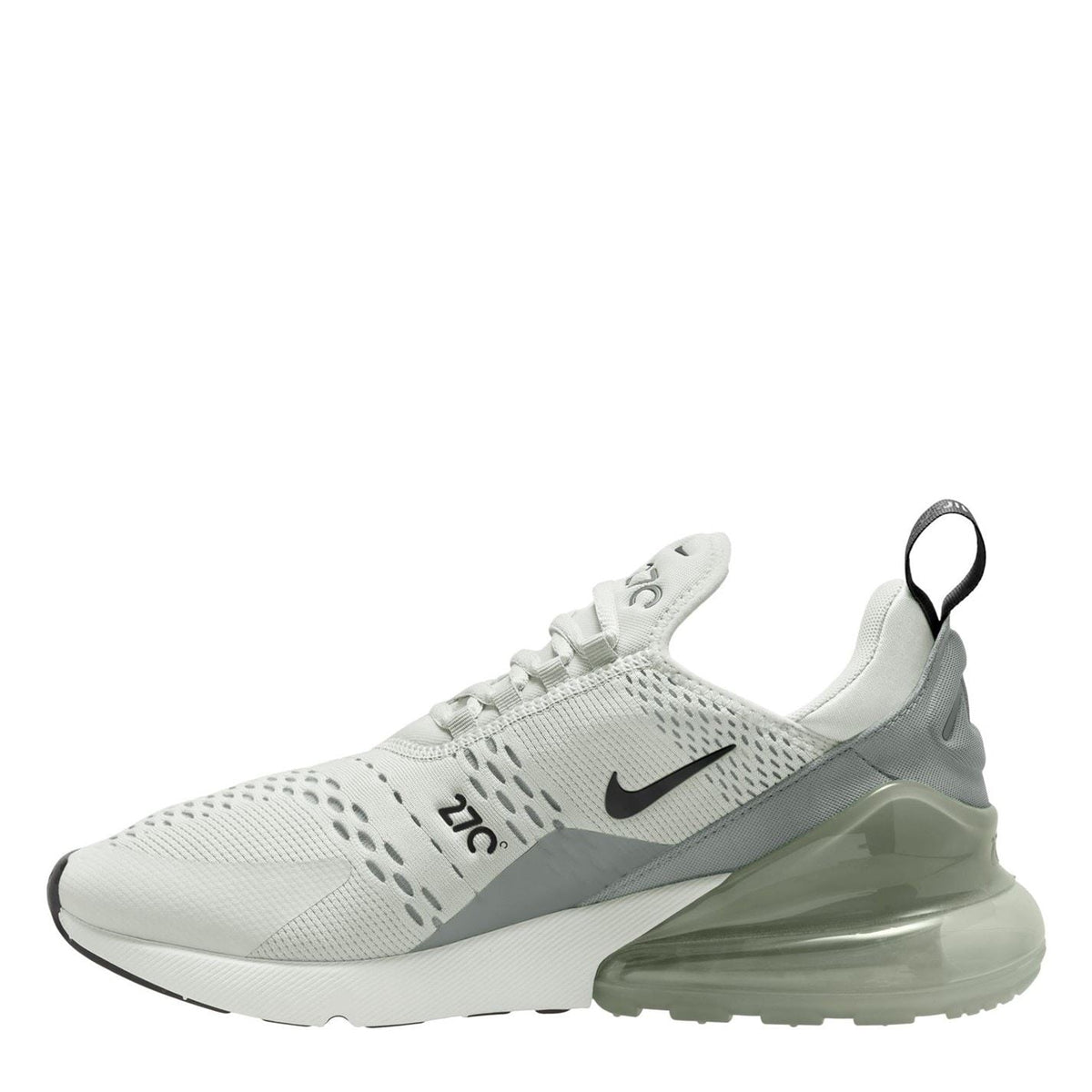 Light grey Air Max 270 trainers with perforated upper, dark swoosh, and air unit sole