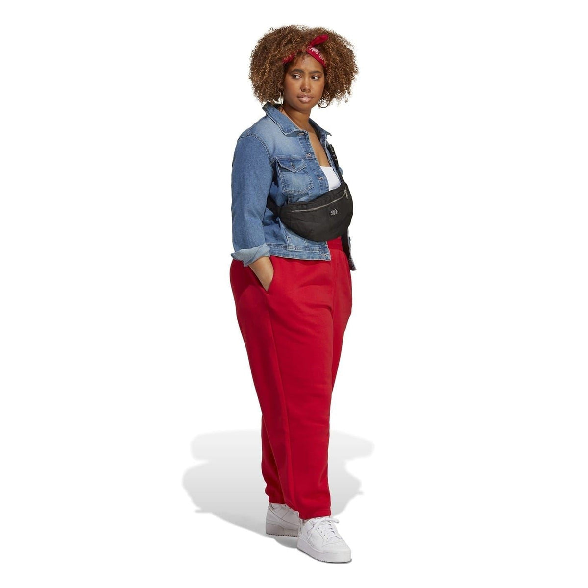 Red tall mom joggers with elastic waistband, cuffed legs, and adidas logo