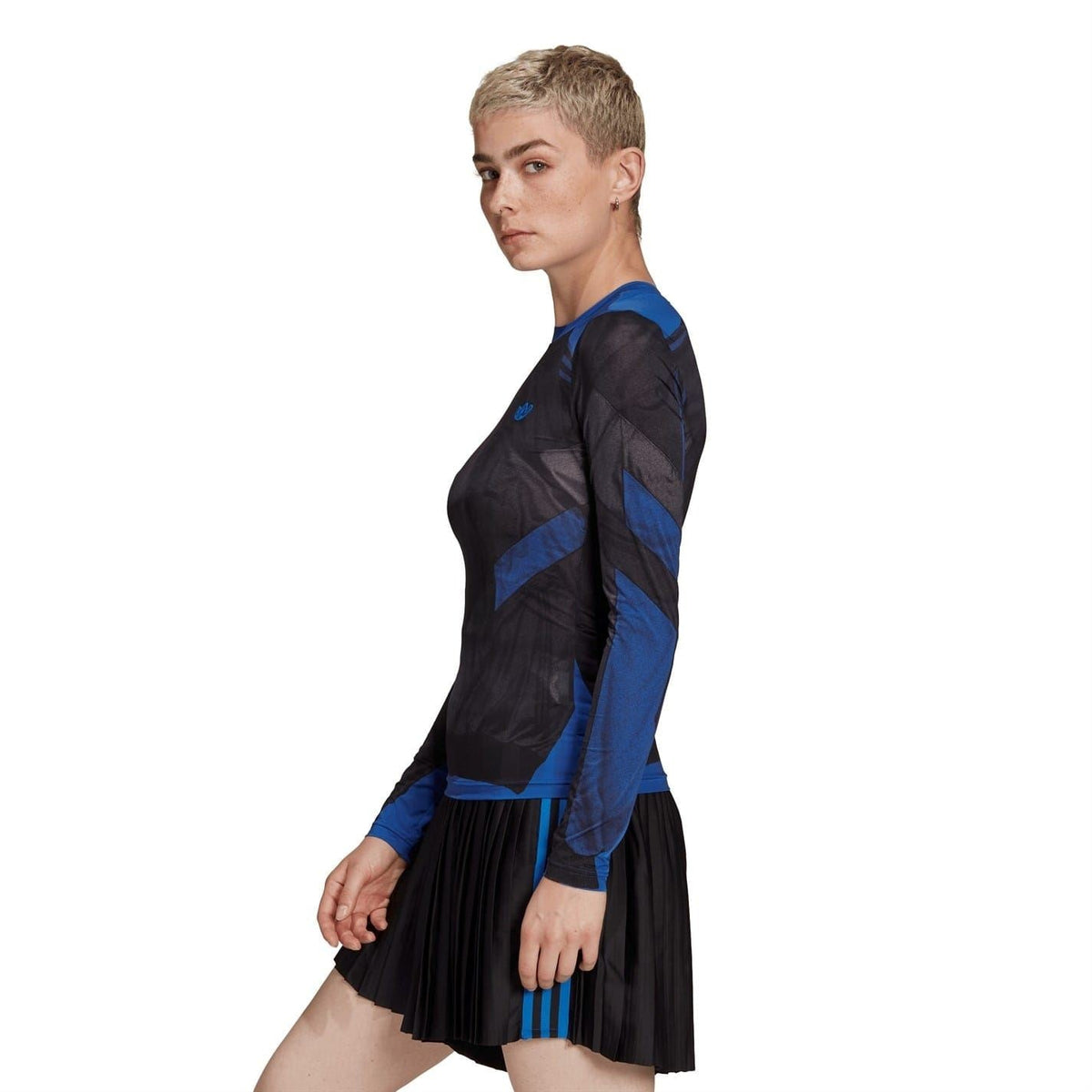 Black long-sleeve crew neck T-shirt with blue graphic panels and hem stripe