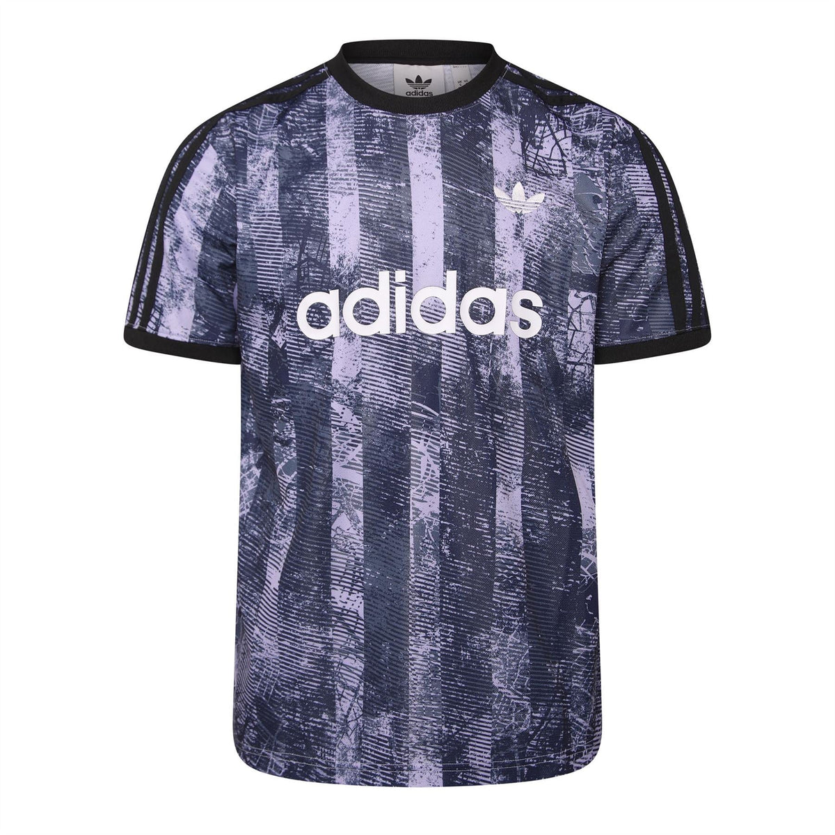 Men's adidas Originals short-sleeve T-shirt, abstract navy and purple vertical print