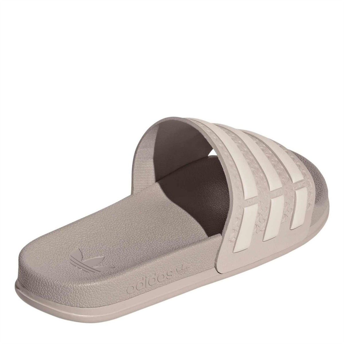 adidas taupe slide sandals with adidas logo on footbed and open side strap