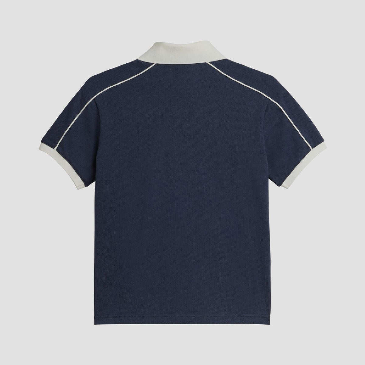 Navy polo shirt back with white contrast piping along shoulders and sleeves