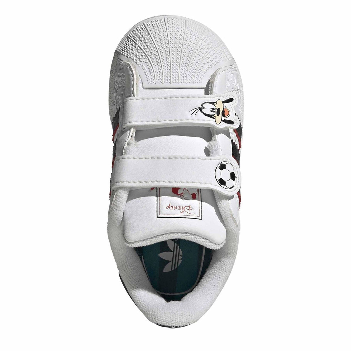 Infants white hook-and-loop sneakers with Mickey face on strap and soccer emblem on side