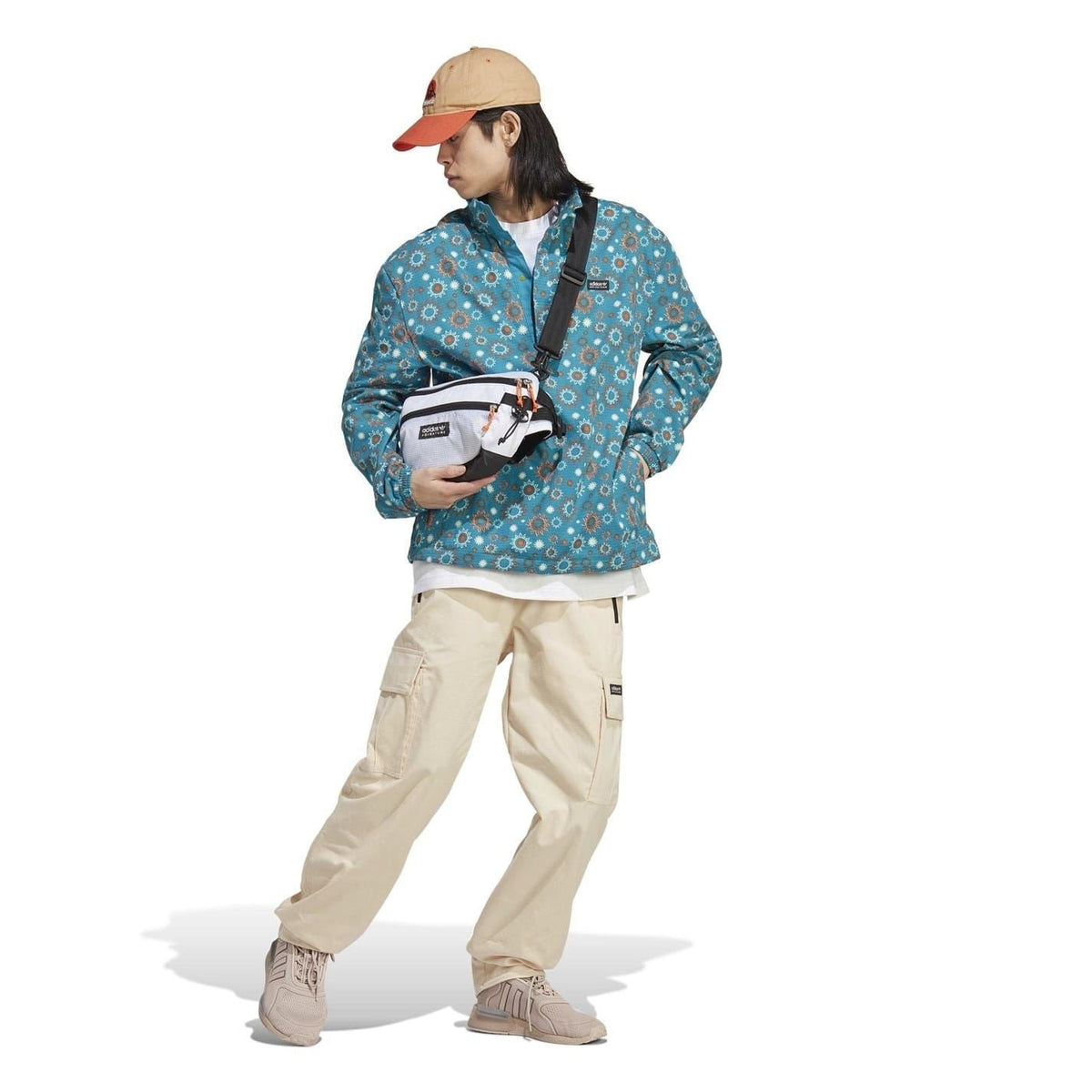 adidas hooded quarter-zip relaxed shirt in teal printed fabric with standing collar
