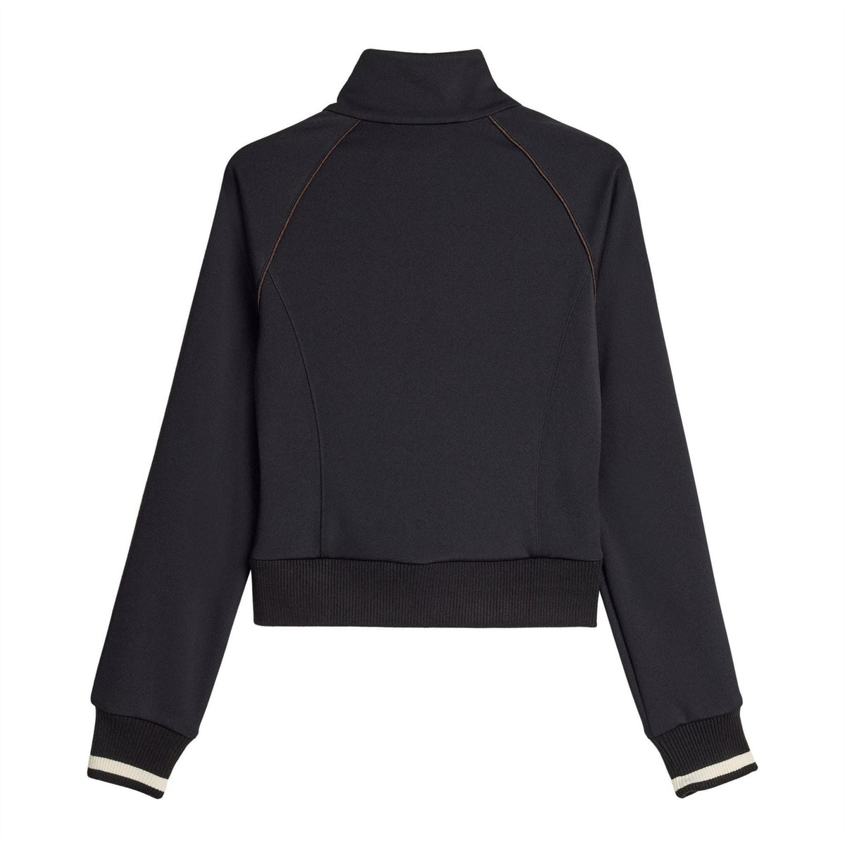 Black track jacket back view with full-length zip, ribbed waistband and cuff trim