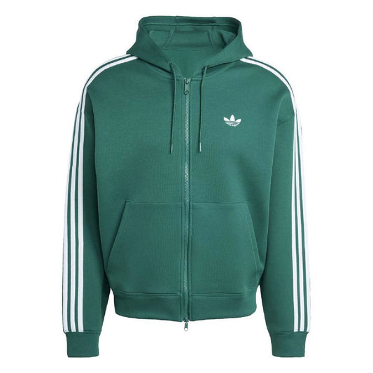 Green zip-up hooded sweatshirt with drawstring, front pockets, and white side stripes
