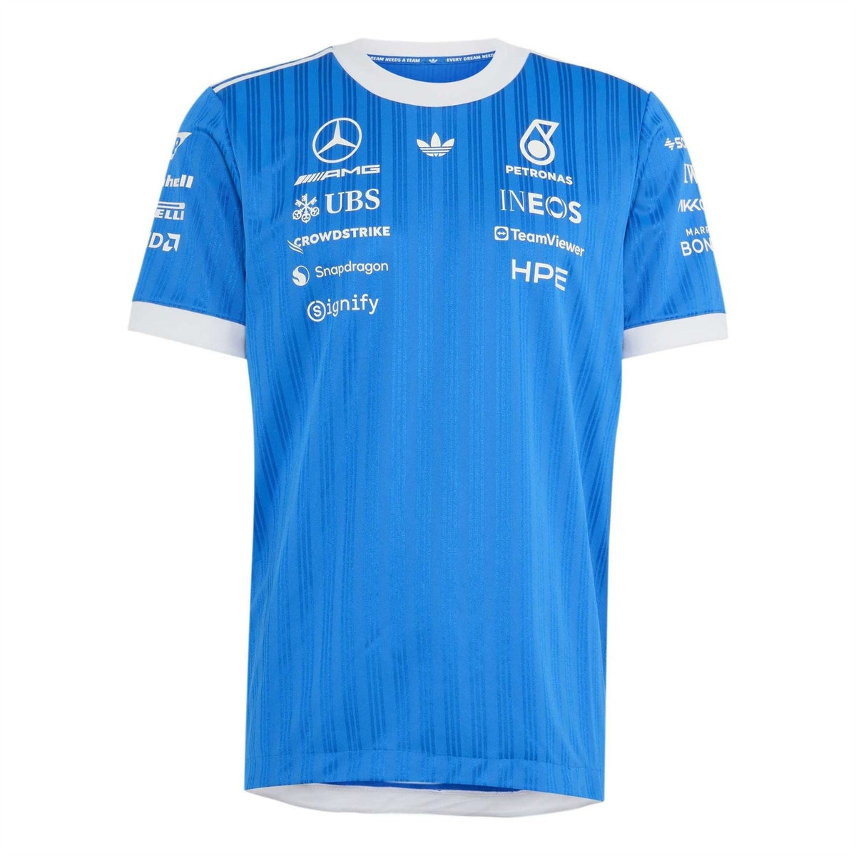 Blue graphic jersey T-shirt with white-trim collar and Mercedes Petronas front print