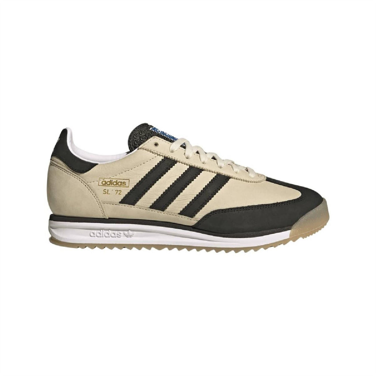 Beige and black adidas low-top sneaker with three stripes and lace-up closure