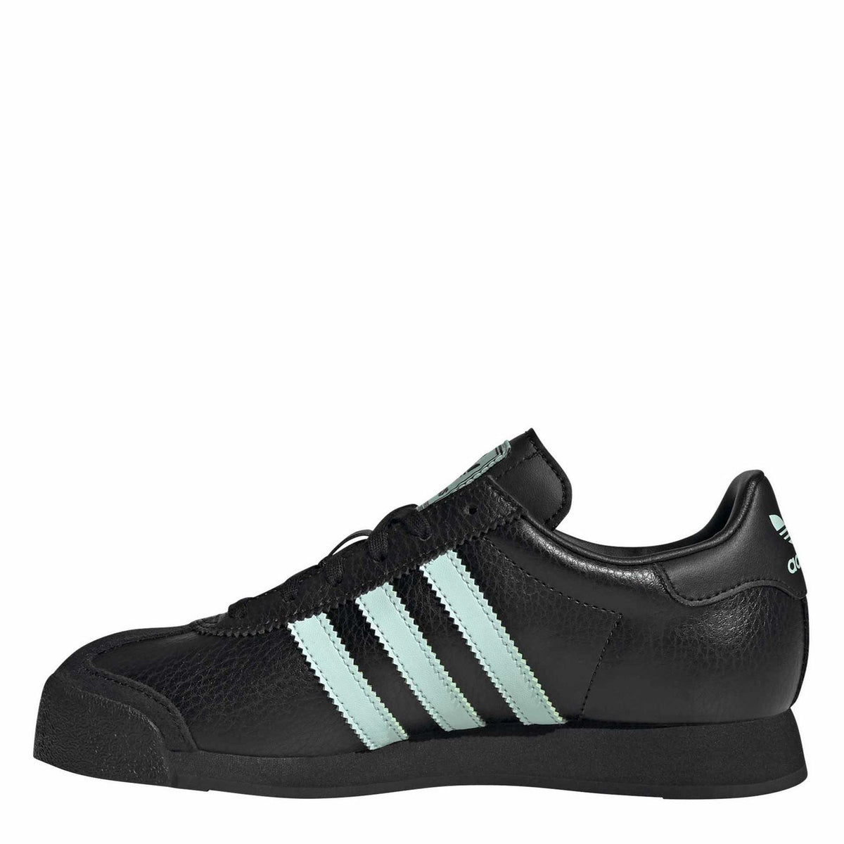 Side-view black low-top sneakers with mint three stripes and lace-up closure
