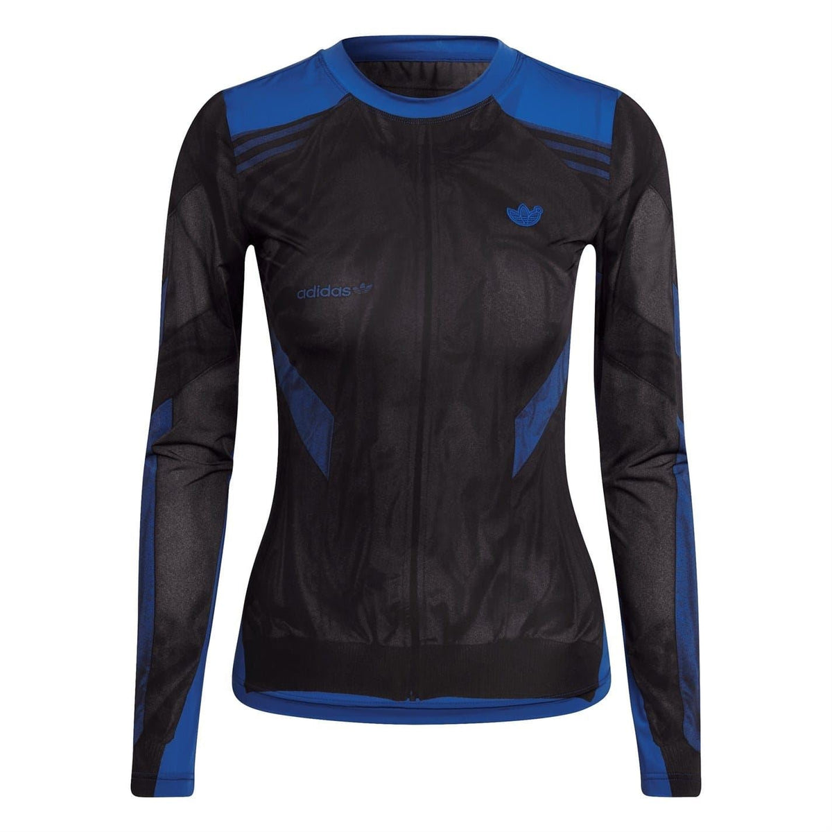 Black and blue long-sleeve crew neck T-shirt with adidas-style logo and geometric panels