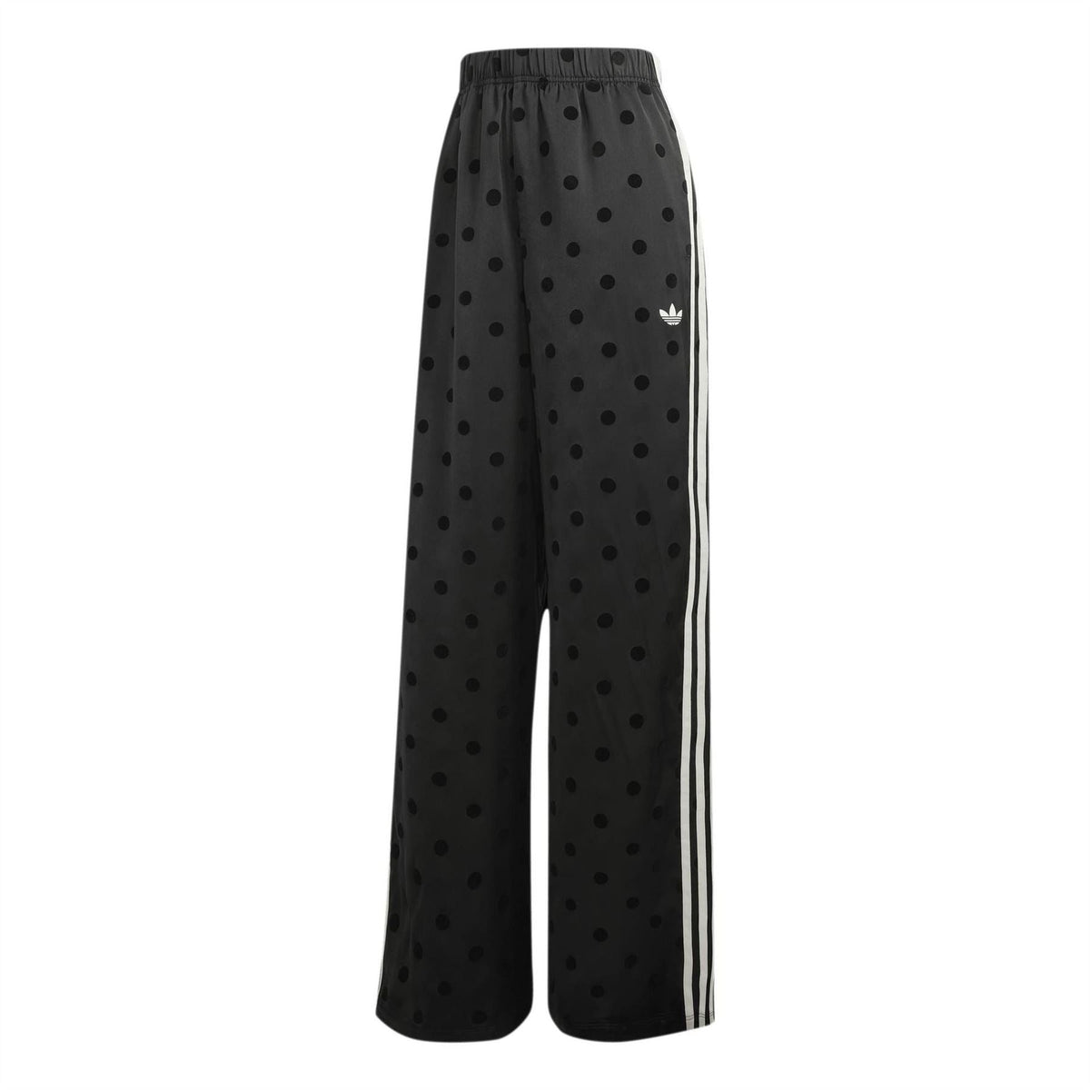 Black wide-leg elastic-waist pants with dark polka dots and white side stripe trim