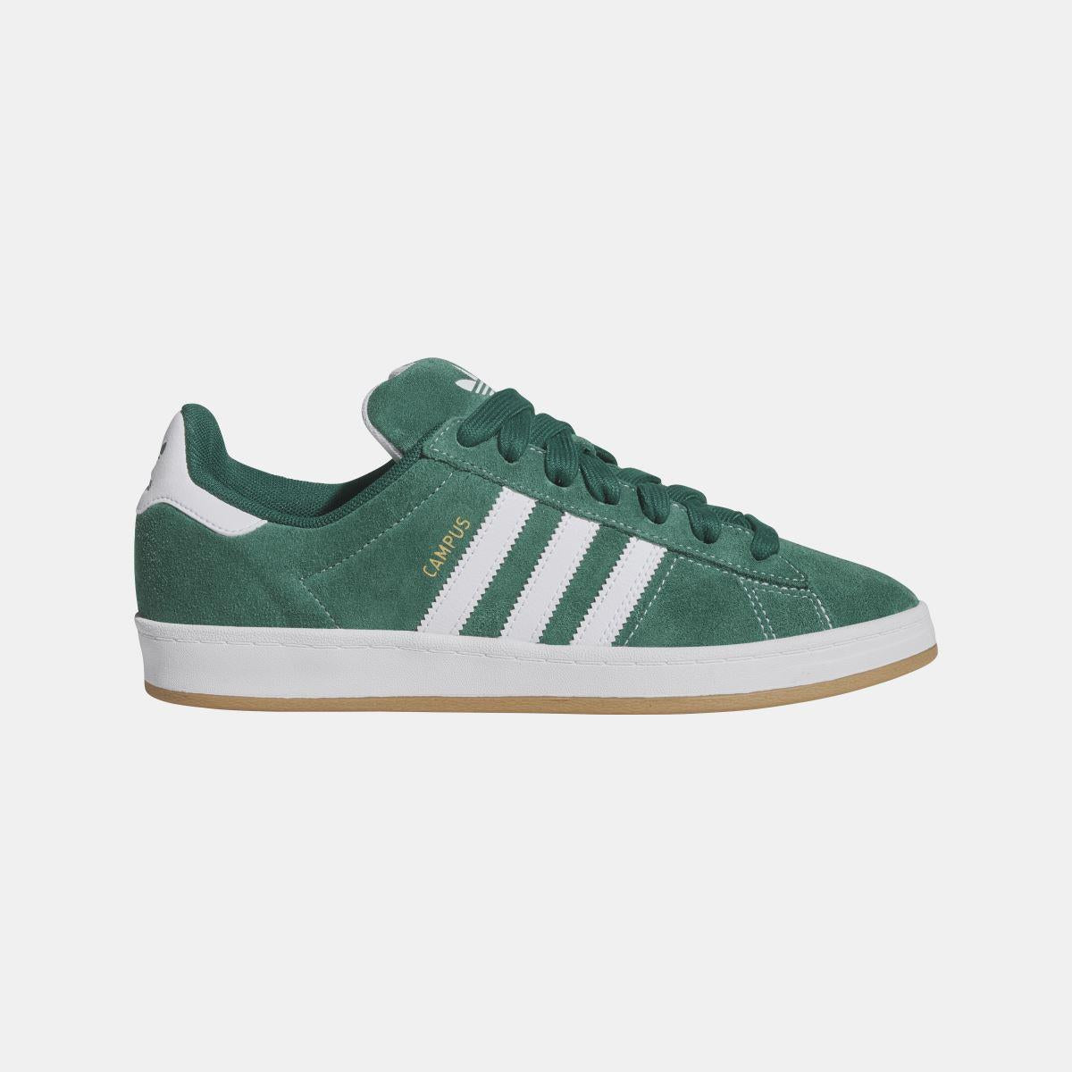 adidas Originals Campus ADV shoes, dark green suede upper with white stripes and gum sole