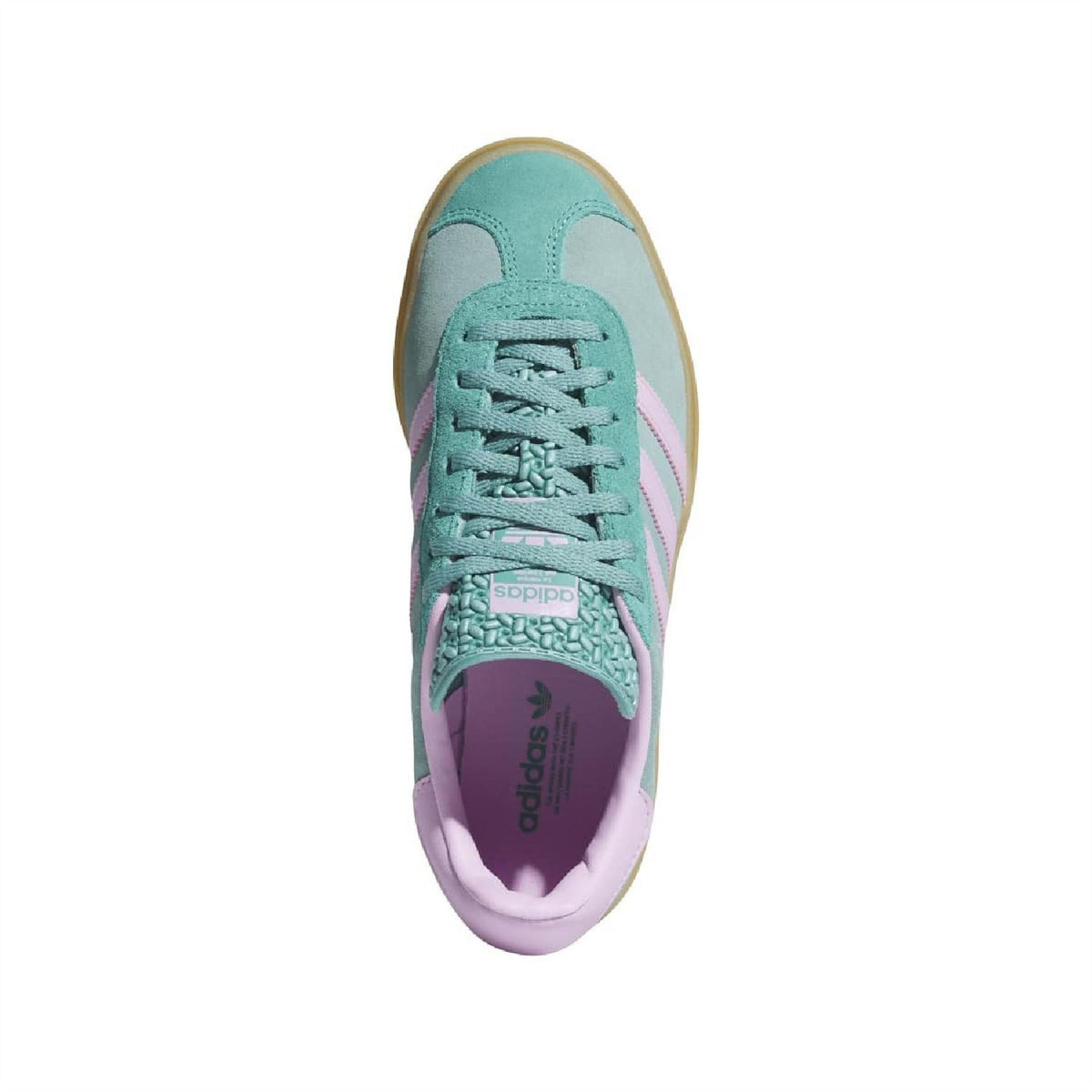 Gazelle Bold trainers with teal laces, textured heel, purple tongue trim, and gum sole
