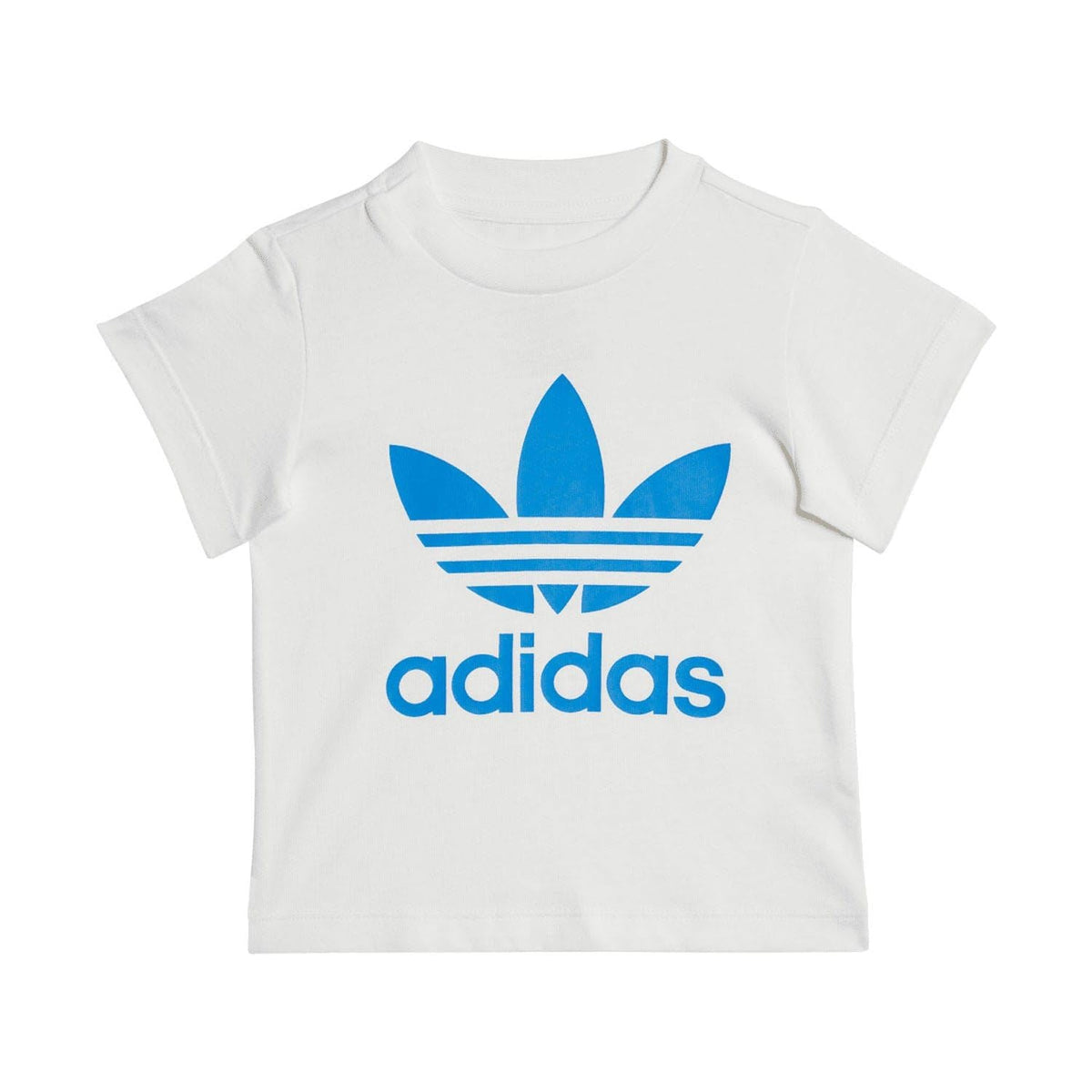 Infants white T-shirt with blue adidas trefoil logo, crew neck