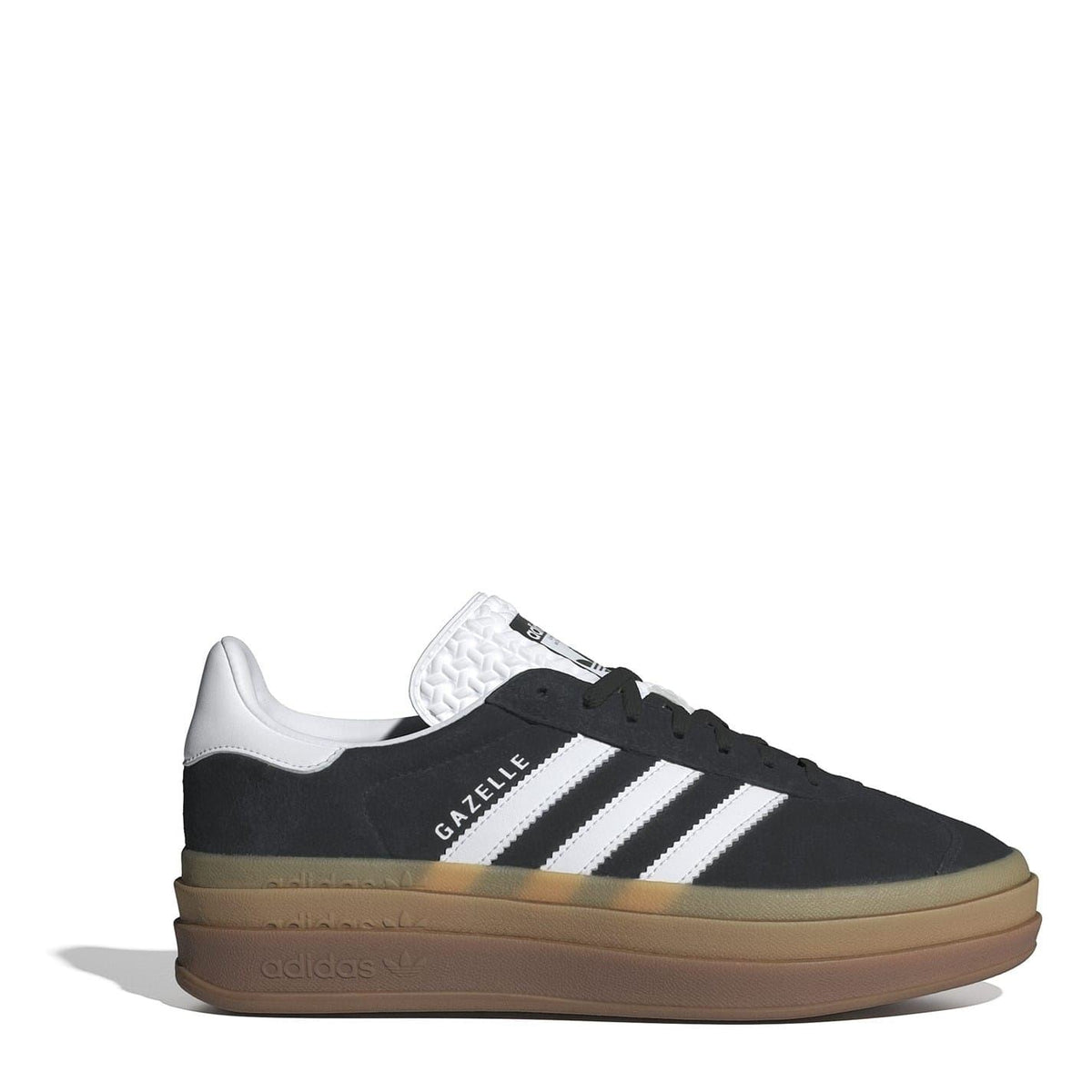 Black suede low-top sneakers with white Three-Stripes and gum midsole