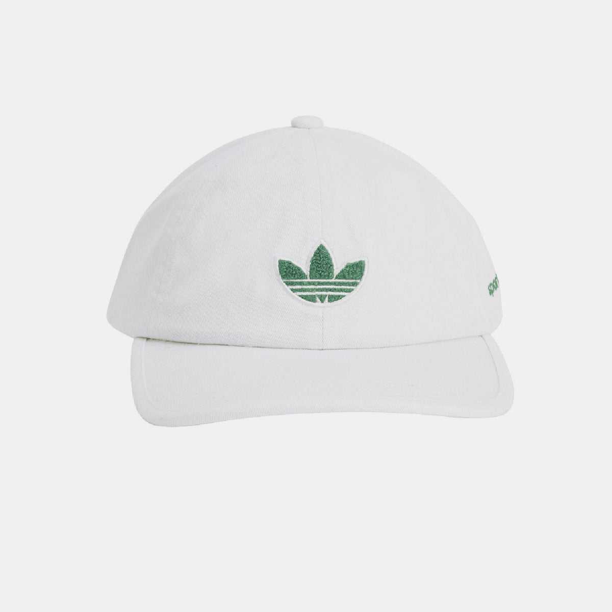 White baseball cap with green trefoil emblem and small 'sporty & rich' print