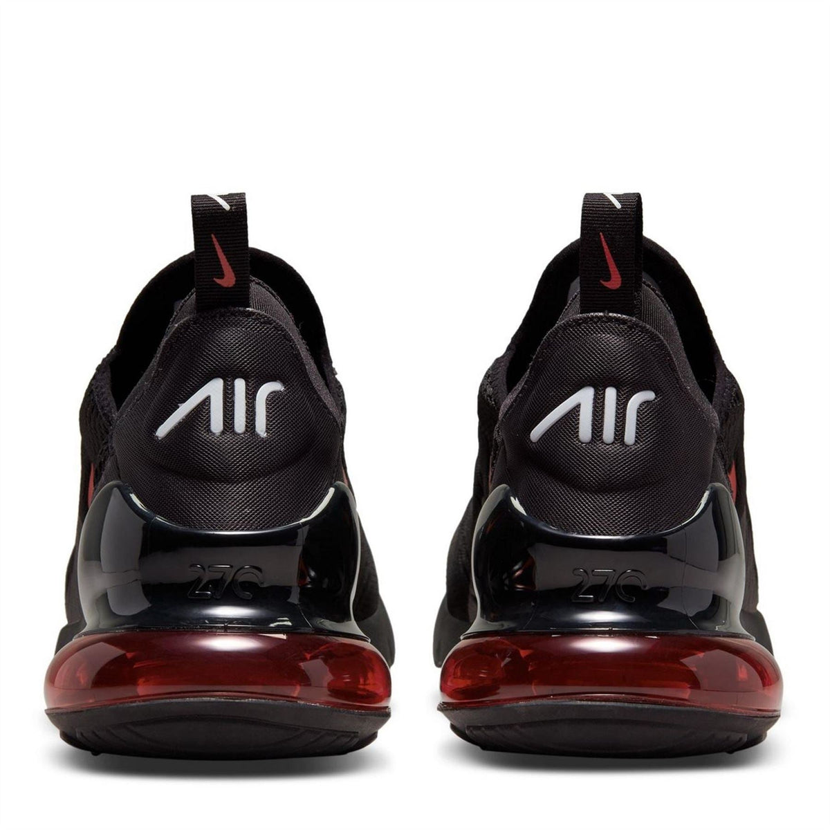 Nike Air Max 270 heel close-up in black with red translucent air unit
