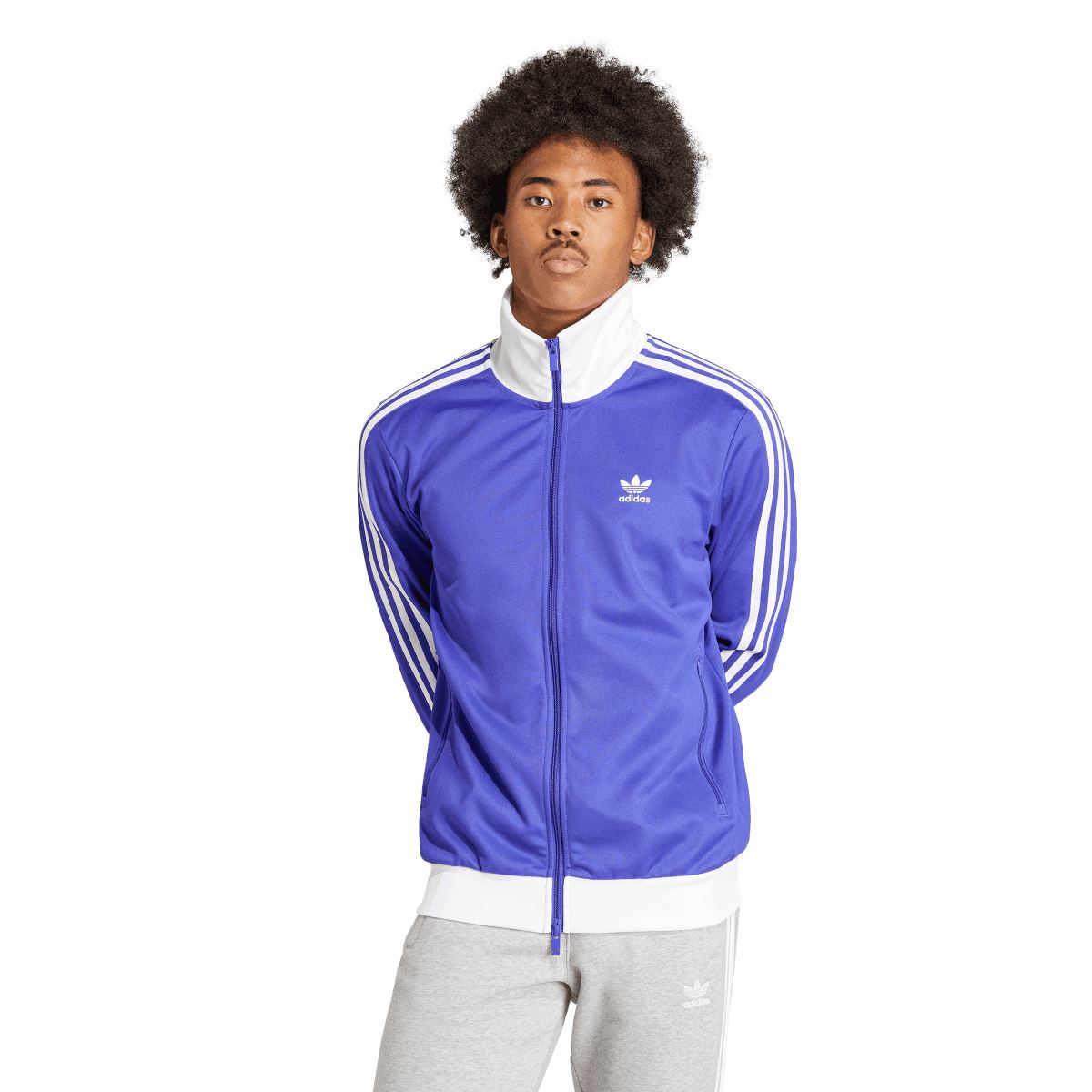 Purple adidas track jacket with white sleeve stripes, full zip, white stand collar
