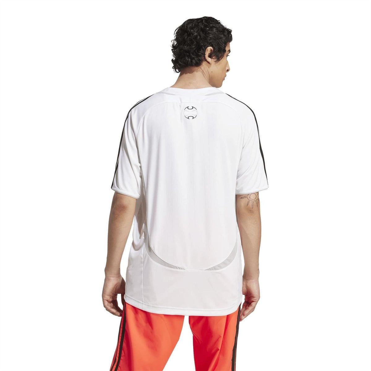 White adidas T-shirt from back view with black-trim collar and rear logo