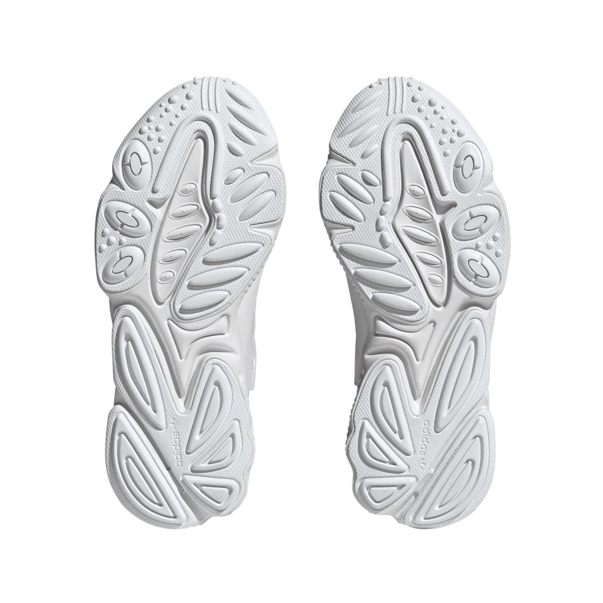 White adidas Originals Oztral sneakers with textured tread outsole, rear and arch views